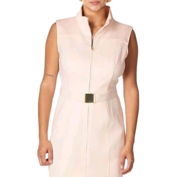 TOMMY HILFIGER Powder Pink Mock Neck Zip Front Scuba Sheath Dress Size 8P - Picture 6 of 16